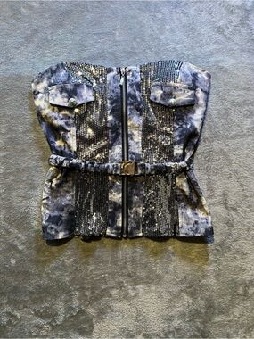 Strapless Tie-Dye Sequin Belted Tank Top - Black/Gray